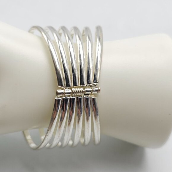 Vintage Boho Silver Tone Wide Multi Band Hinged Cuff Bracelet - Picture 3 of 5